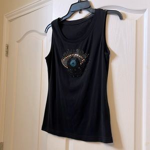 Semi sheer black tank top with glitter embellished evil eye pattern